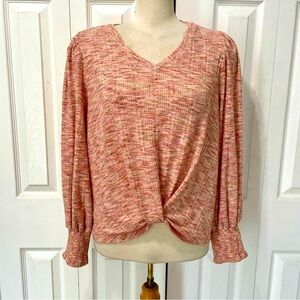 Democracy Women's Pink Front Knot Ruched Textured Smocked Long Puff Sleeve Top